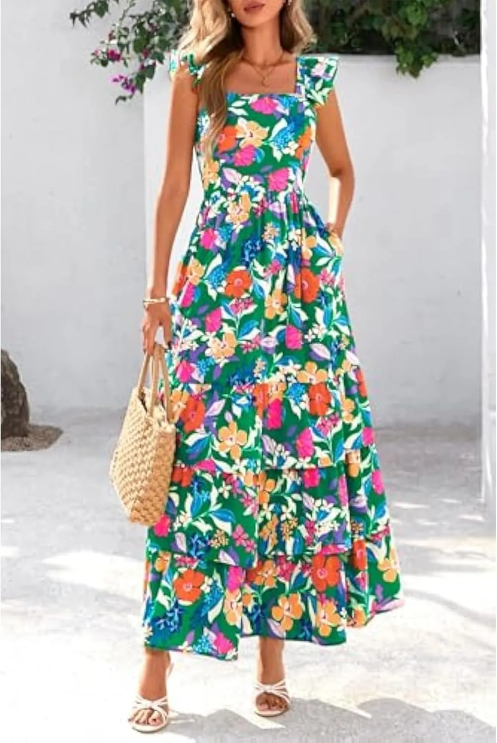 2025 Women's Summer Boho Floral Maxi Dress with Pockets - A-Line Smocked Tiered Ruffle Sleeveless Beach Sun Dress