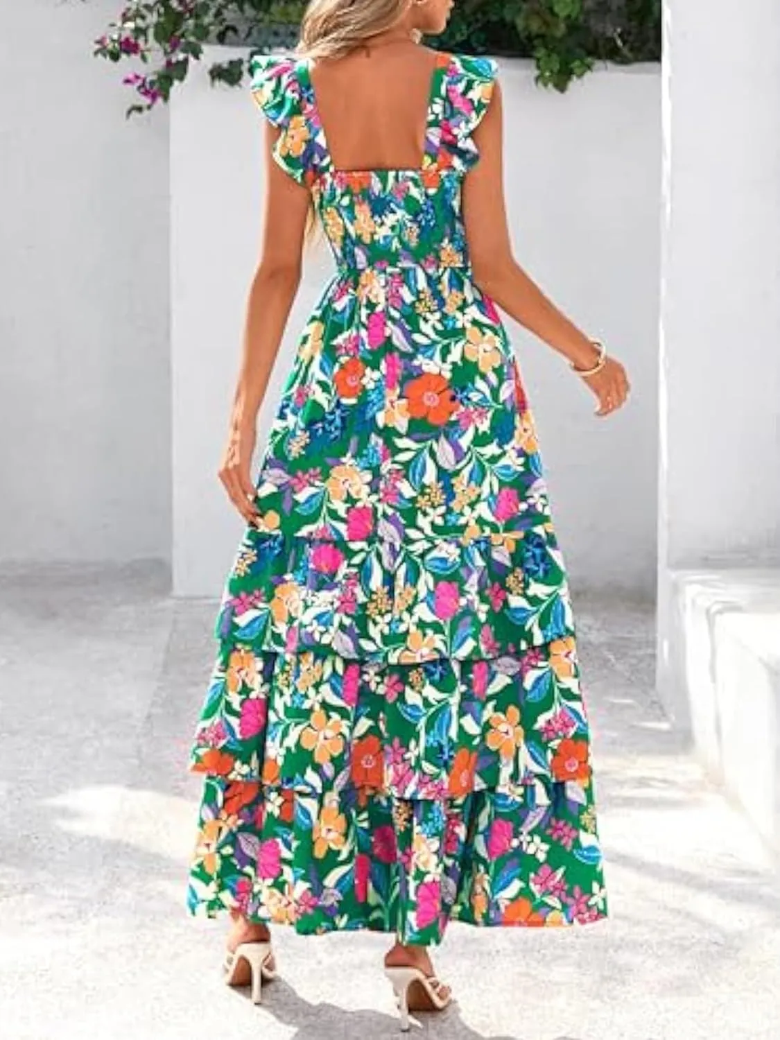2025 Women's Summer Boho Floral Maxi Dress with Pockets - A-Line Smocked Tiered Ruffle Sleeveless Beach Sun Dress