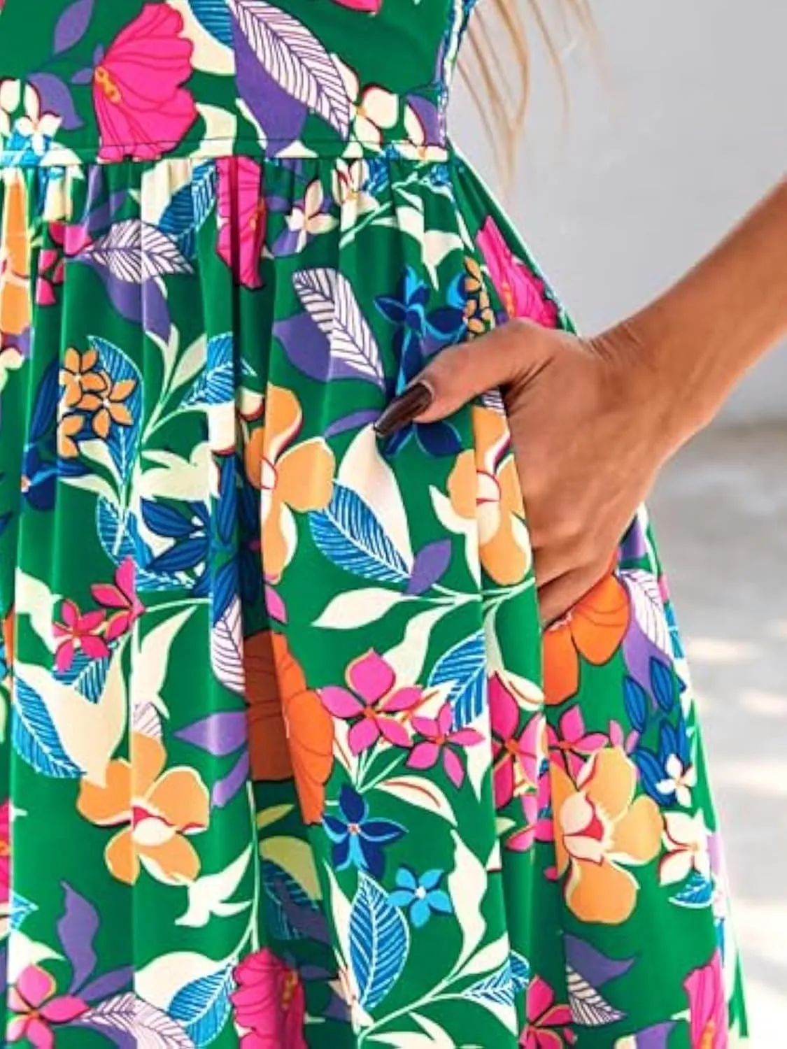 2025 Women's Summer Boho Floral Maxi Dress with Pockets - A-Line Smocked Tiered Ruffle Sleeveless Beach Sun Dress