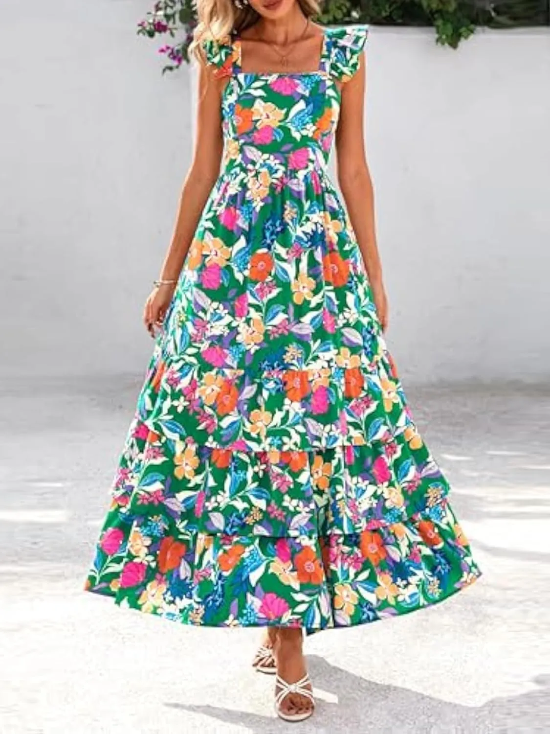 2025 Women's Summer Boho Floral Maxi Dress with Pockets - A-Line Smocked Tiered Ruffle Sleeveless Beach Sun Dress