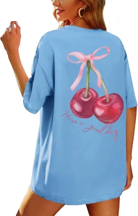 BINTEHGS Oversized Graphic Tees for Women Trendy Cherry Printed Shirt Cute Summer Aesthetic Cotton Tshirts Tops for Teens