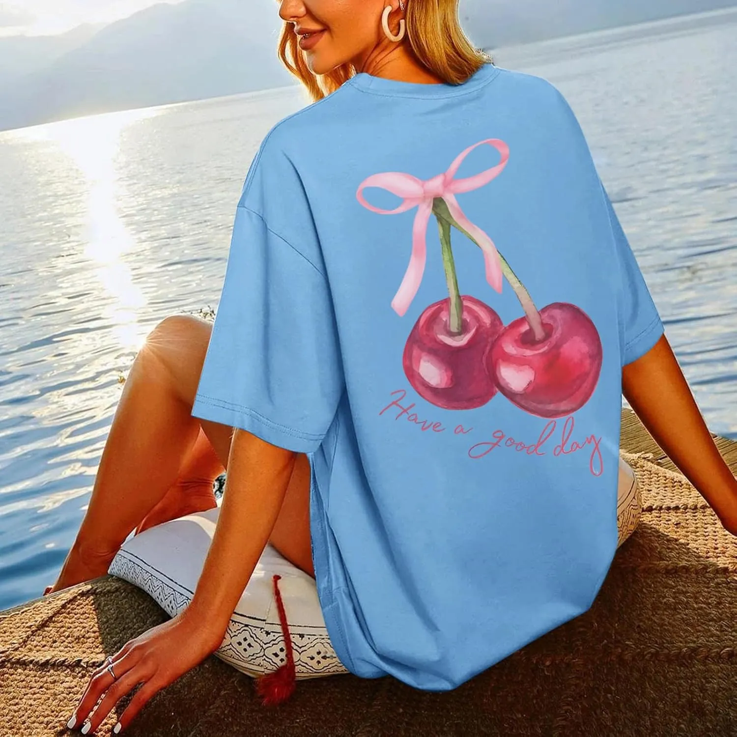BINTEHGS Oversized Graphic Tees for Women Trendy Cherry Printed Shirt Cute Summer Aesthetic Cotton Tshirts Tops for Teens