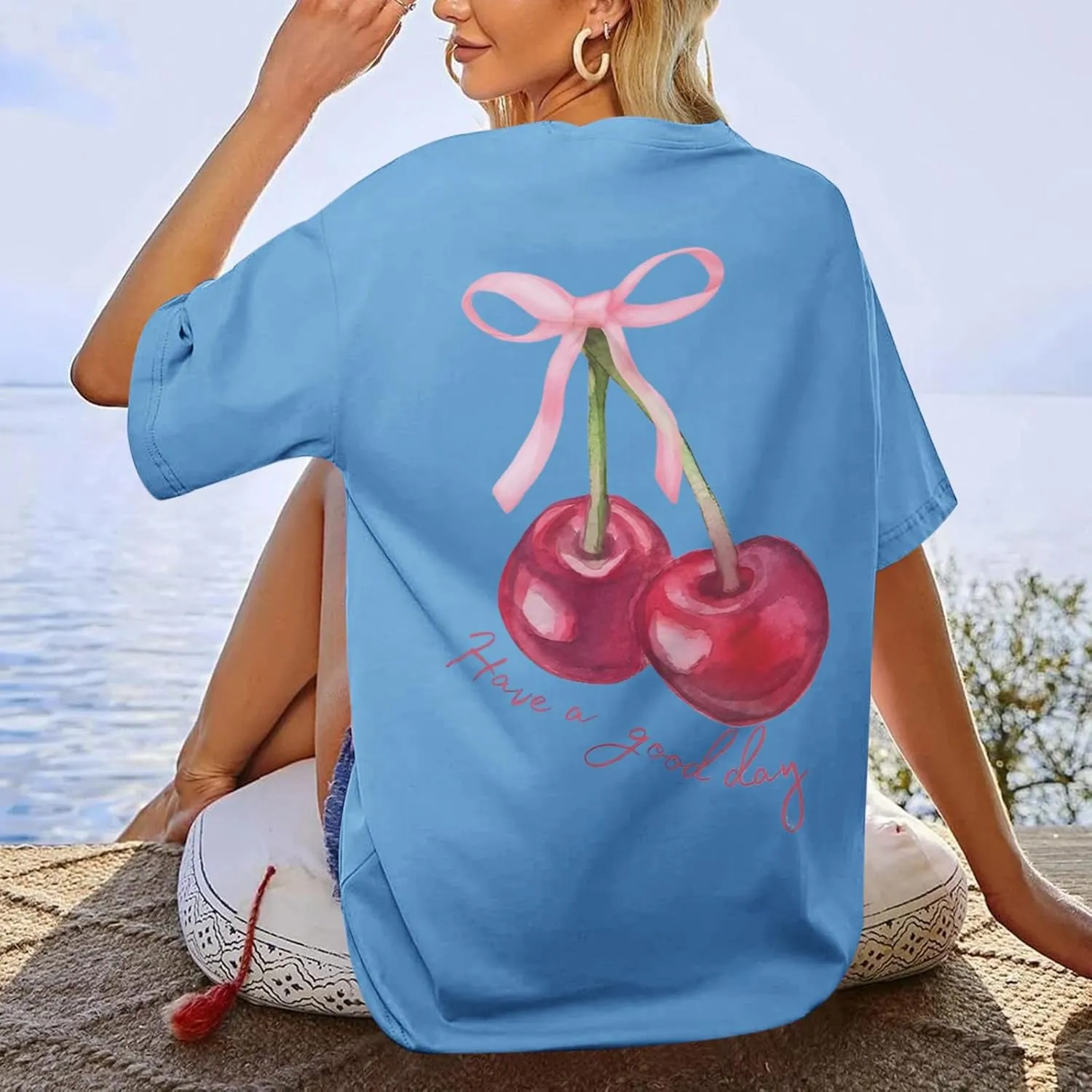BINTEHGS Oversized Graphic Tees for Women Trendy Cherry Printed Shirt Cute Summer Aesthetic Cotton Tshirts Tops for Teens