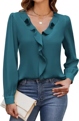 Blooming Jelly Women's Dressy Casual Tops Business Work Blouse Ruffle V Neck Long Sleeve Shirts Fall Fashion 2024