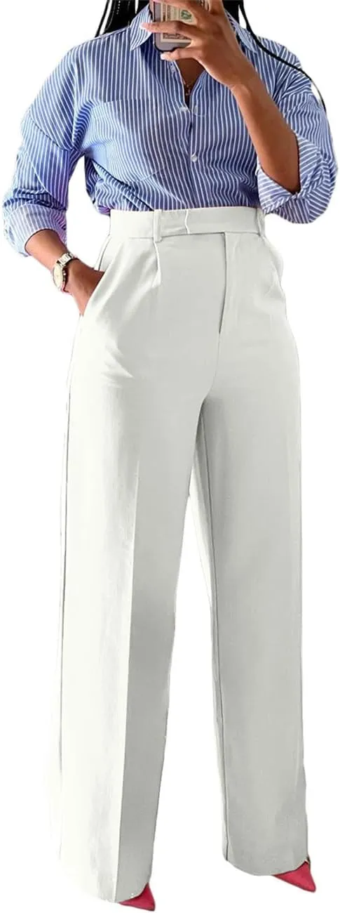 Casual Wide Leg Dress Pants Business Office Trousers with Pockets