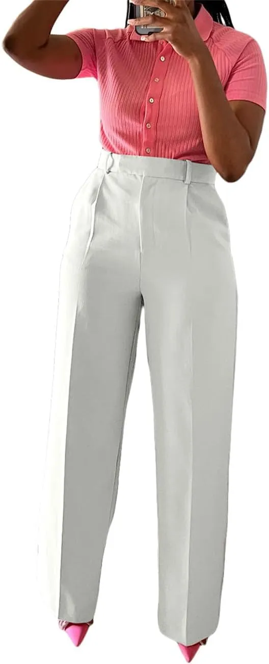 Casual Wide Leg Dress Pants Business Office Trousers with Pockets