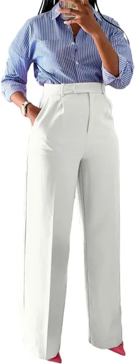 Casual Wide Leg Dress Pants Business Office Trousers with Pockets