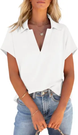 Cicy Bell Womens V Neck Polo Shirts Short Sleeve Business Casual Tops Loose Fit Summer Tees