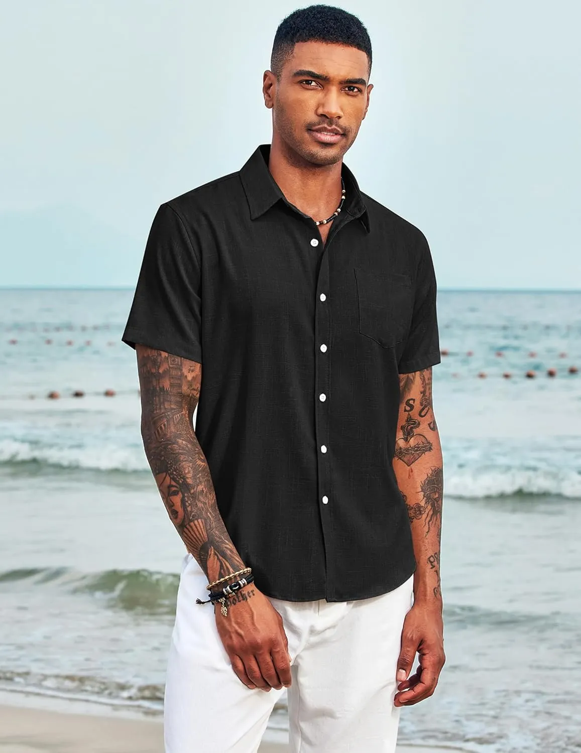 COOFANDY Men's Casual Button Down Shirts Short Sleeve Linen Shirts Summer Beach Dress Shirt