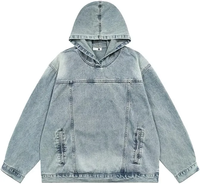 Denim Fairy Grunge Hoodies for Men Casual Long Sleeve Hooded Pullover with Side Pockets Oversized Swearshirt