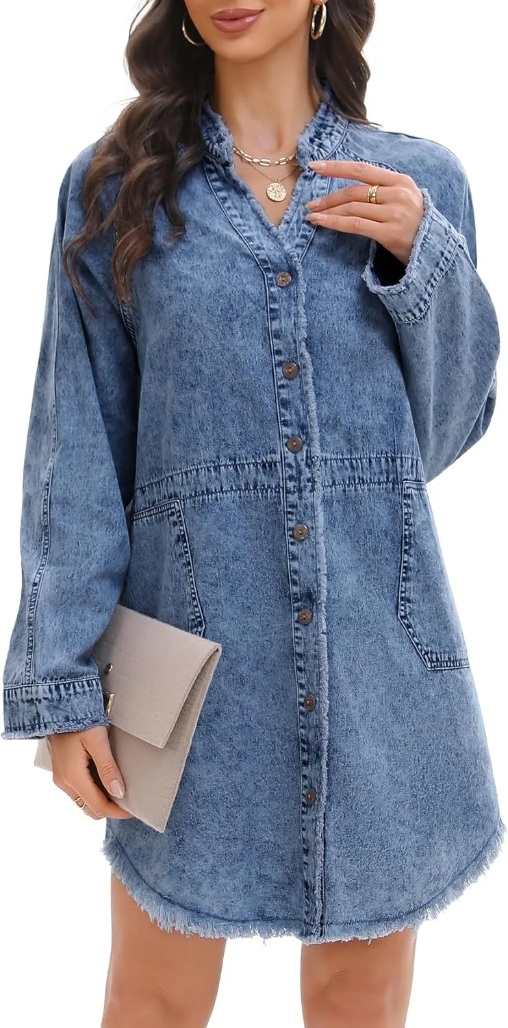 Denim Shirt Dress for Women Long Sleeve Button Down Shirts V Neck Mini Casual Jean Dresses 2025 Trendy Outfits