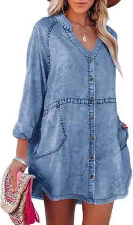 Denim Shirt Dress for Women Long Sleeve Button Down Shirts V Neck Mini Casual Jean Dresses 2025 Trendy Outfits