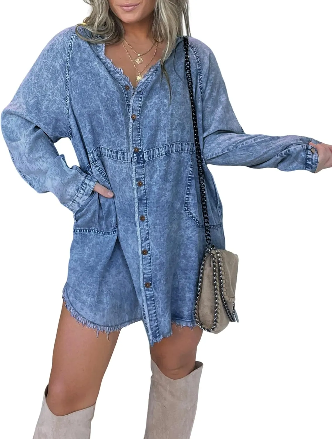 Denim Shirt Dress for Women Long Sleeve Button Down Shirts V Neck Mini Casual Jean Dresses 2025 Trendy Outfits