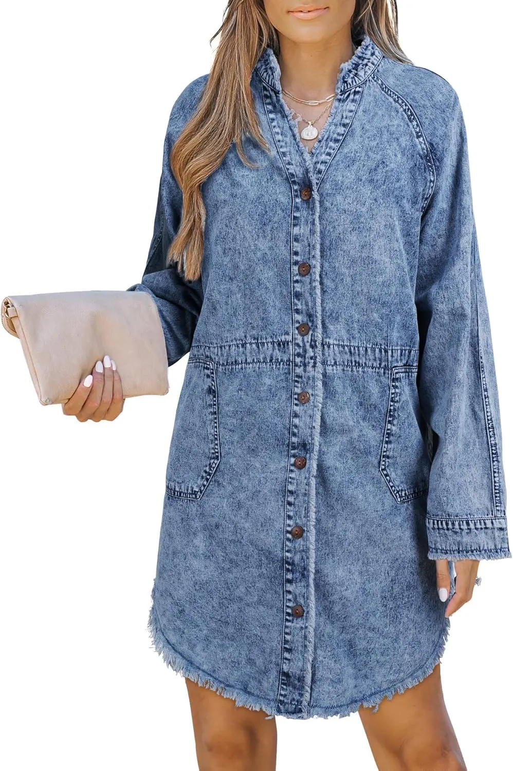 Denim Shirt Dress for Women Long Sleeve Button Down Shirts V Neck Mini Casual Jean Dresses 2025 Trendy Outfits