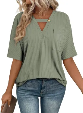 EVALESS Womens Summer Tops V Neck Short Sleeve Solid Loose Dressy Casual Basic T Shirts Tee Blouses