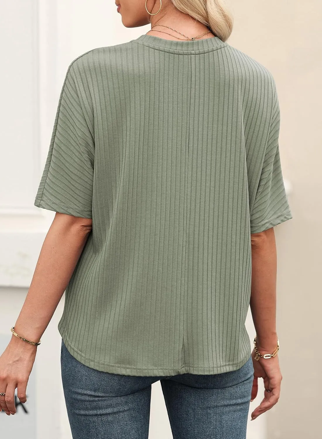 EVALESS Womens Summer Tops V Neck Short Sleeve Solid Loose Dressy Casual Basic T Shirts Tee Blouses
