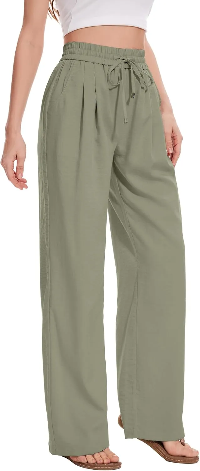 FUNYYZO 2025 Women Summer Pants Drawstring Waist Wide Leg Pants Loose Fit with Pockets Pull On