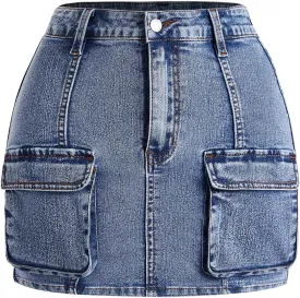 Girl's Denim Cargo Skirt Y2K Solid Low Waist Button Bodycon A Line Denim Skirt Slim Fit Mini Skirt with Flap Pocket