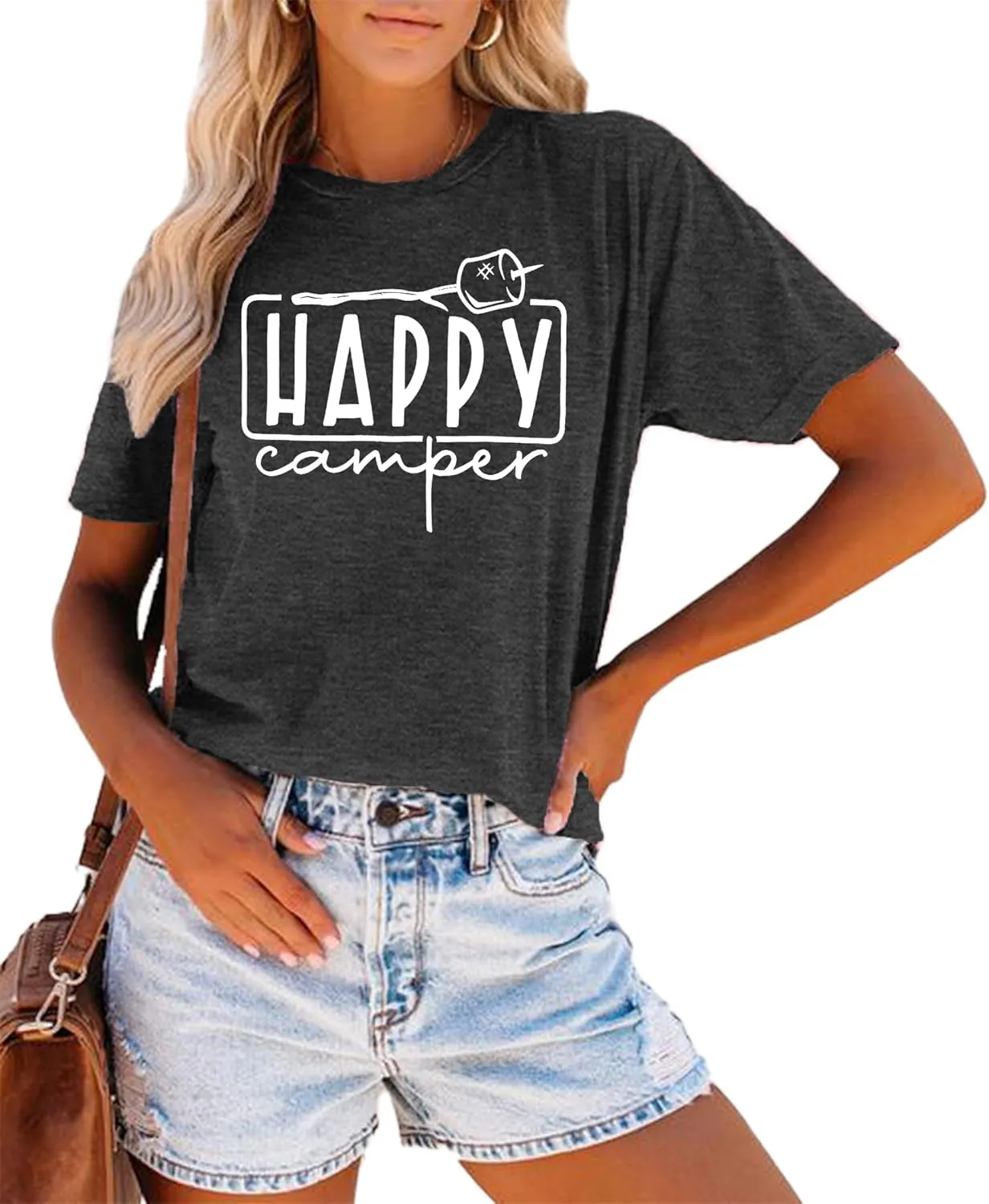 Happy Camper Shirts Womens Marshmallow Graphic Shirts Camping Casual Summer Tee Tops