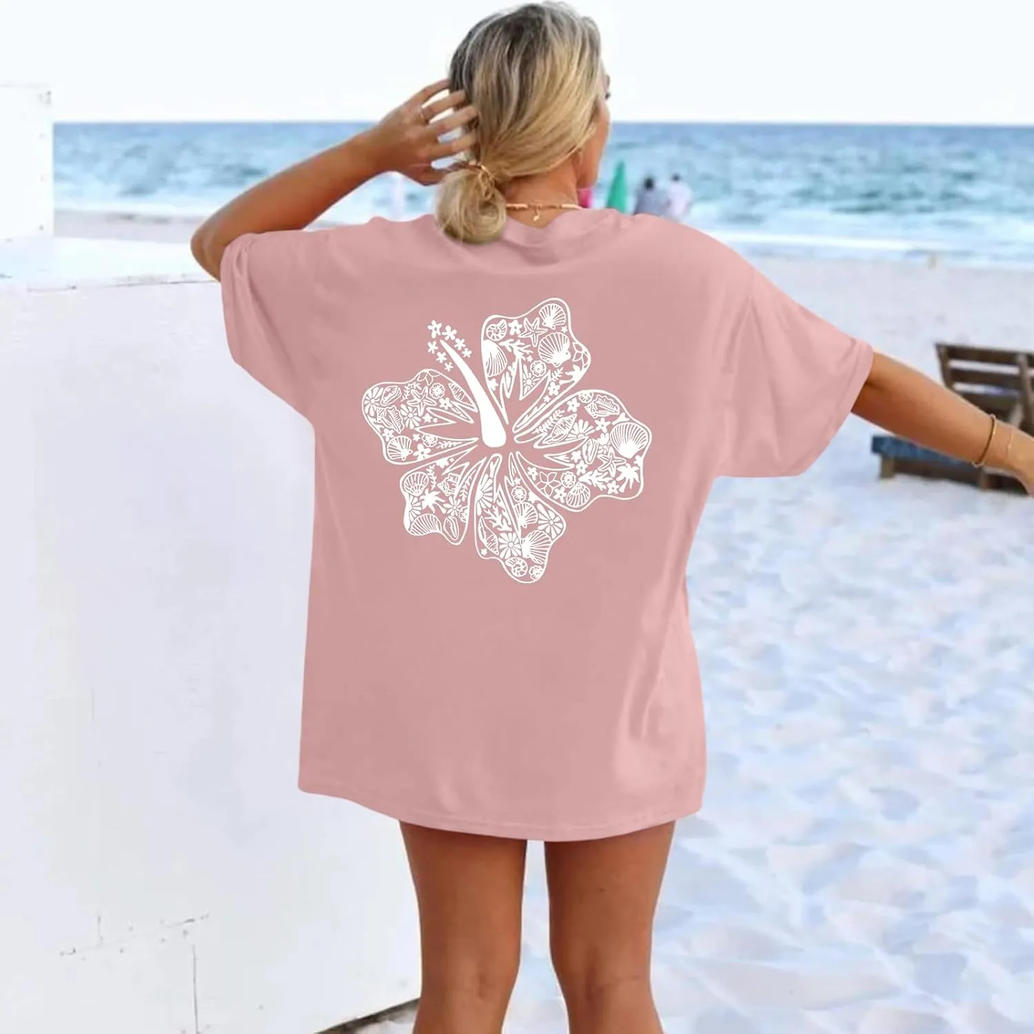 Hawaiian T Shirts for Women Oversized Aesthetic Hibiscus Flower Beach Shirt Teens Preppy Tropical Graphic Tee Tops