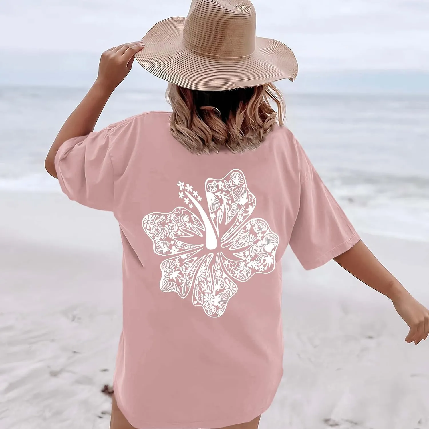 Hawaiian T Shirts for Women Oversized Aesthetic Hibiscus Flower Beach Shirt Teens Preppy Tropical Graphic Tee Tops