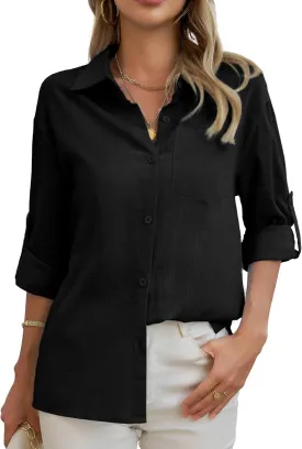 HDLTE Womens Cotton Casual Button Down Shirts V Neck Collare Blouses with Pockets