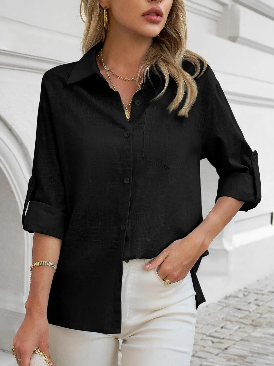 HDLTE Womens Cotton Casual Button Down Shirts V Neck Collare Blouses with Pockets