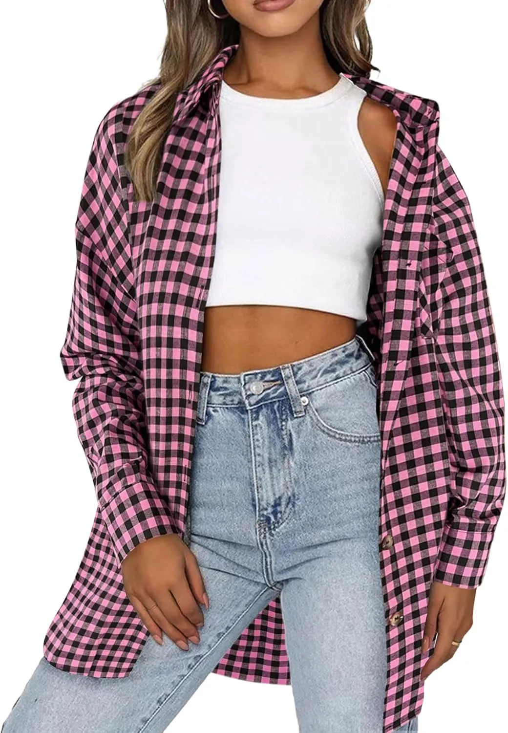 HOTOUCH Womens Flannel Plaid Shirts Cotton Casual Long Sleeve Blouse Classic Collared Button Down 2025 Fall Tops S-2XL
