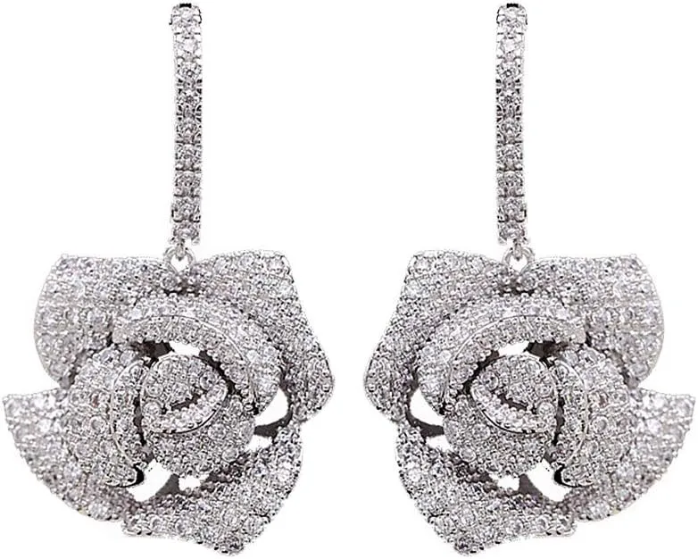 Huggie CZ Flower Dangle Stud Earrings for Women Girls with Charms Fashion Luxury Pave Rhinestone Filigree Camellia Rose Dainty Crystal Drop Dangling Wedding Prom Jewelry Dainty Gifts Valentine Mother's Day