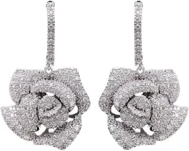 Huggie CZ Flower Dangle Stud Earrings for Women Girls with Charms Fashion Luxury Pave Rhinestone Filigree Camellia Rose Dainty Crystal Drop Dangling Wedding Prom Jewelry Dainty Gifts Valentine Mother's Day
