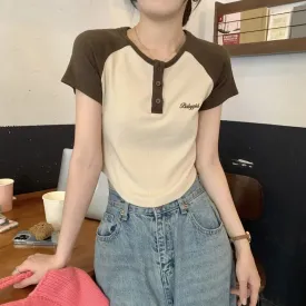 Korean Style Spell Color Letter Embroidery Women T-shirts Chic Buttons Short Sleeve Fashion Female T-shirts Office Ladies