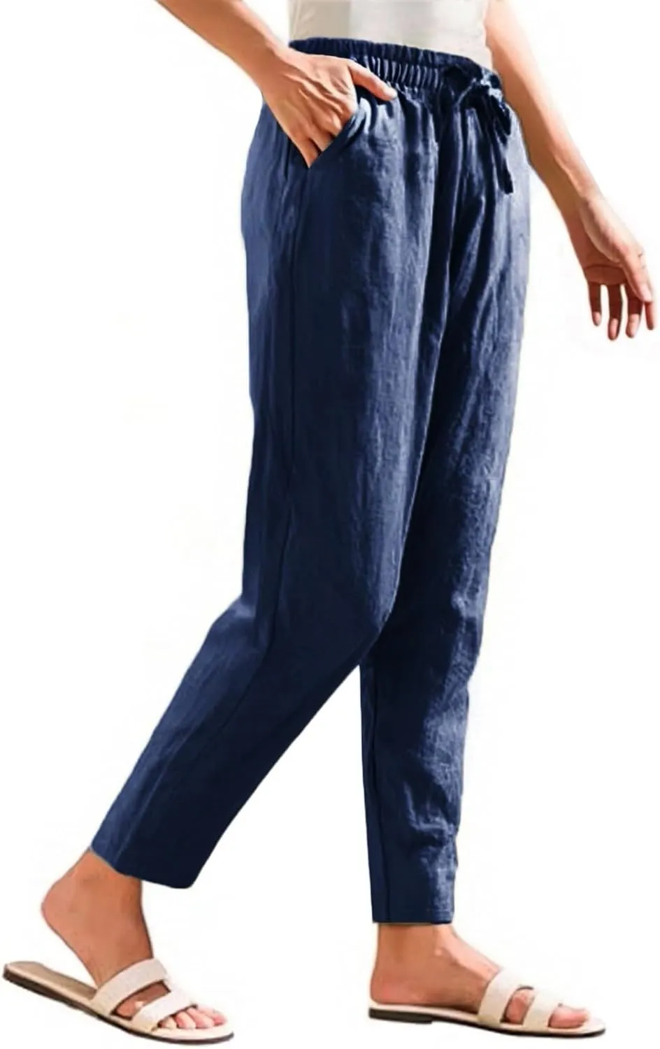 Linen Pants Women Cropped Lightweight Summer Drawstring Pant Petite Length Straight Leg Tapered Pants with Pockets