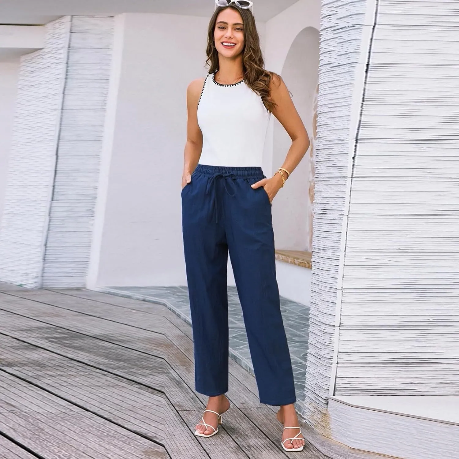 Linen Pants Women Cropped Lightweight Summer Drawstring Pant Petite Length Straight Leg Tapered Pants with Pockets