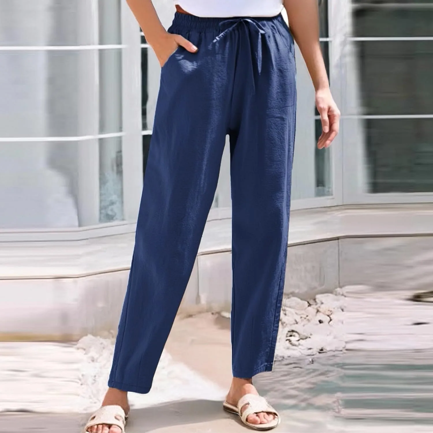 Linen Pants Women Cropped Lightweight Summer Drawstring Pant Petite Length Straight Leg Tapered Pants with Pockets