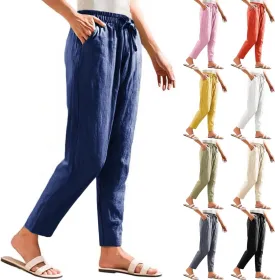 Linen Pants Women Cropped Lightweight Summer Drawstring Pant Petite Length Straight Leg Tapered Pants with Pockets
