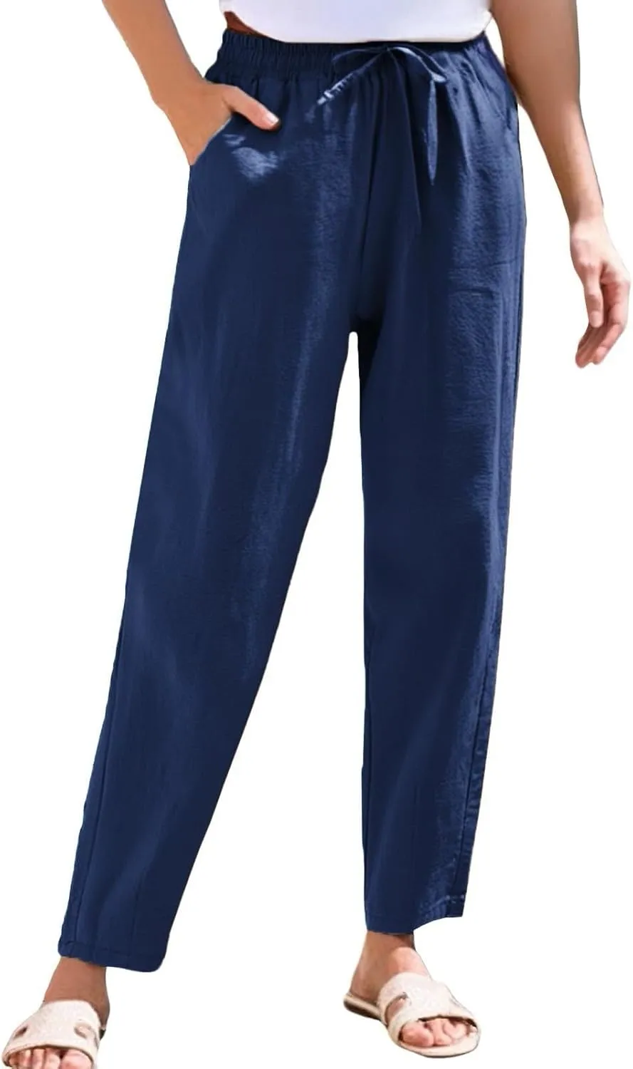 Linen Pants Women Cropped Lightweight Summer Drawstring Pant Petite Length Straight Leg Tapered Pants with Pockets