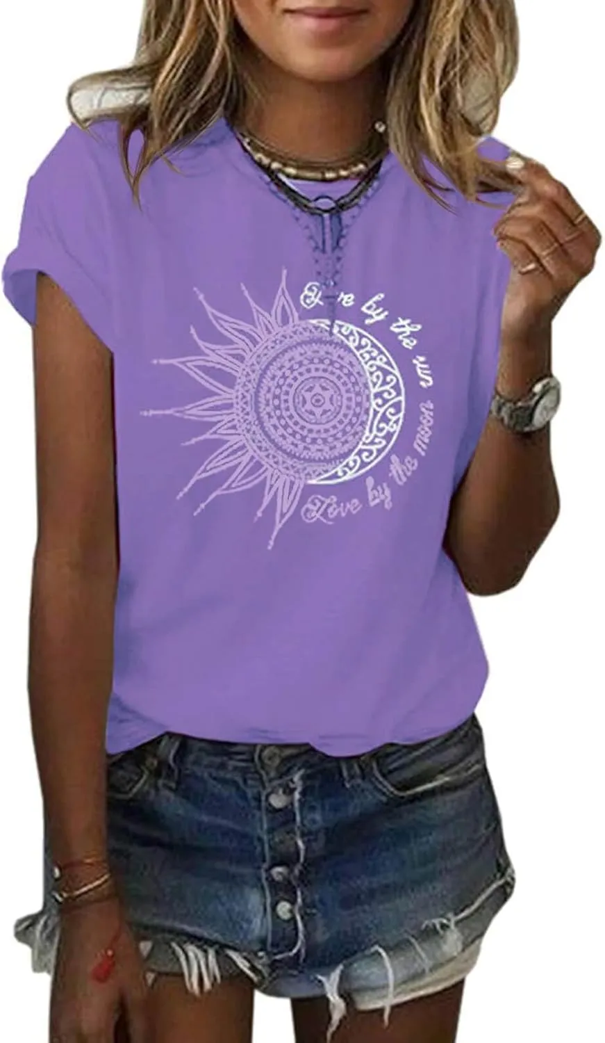 MaQiYa Womens Graphic Tees Summer Vintage Short Sleeve Cotton Moon and Sun Printed T Shirts Tops