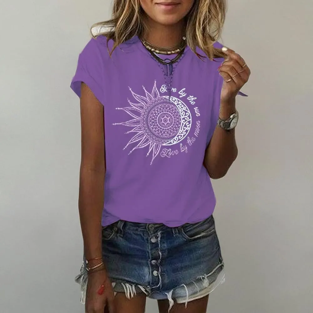 MaQiYa Womens Graphic Tees Summer Vintage Short Sleeve Cotton Moon and Sun Printed T Shirts Tops