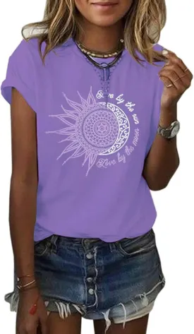 MaQiYa Womens Graphic Tees Summer Vintage Short Sleeve Cotton Moon and Sun Printed T Shirts Tops