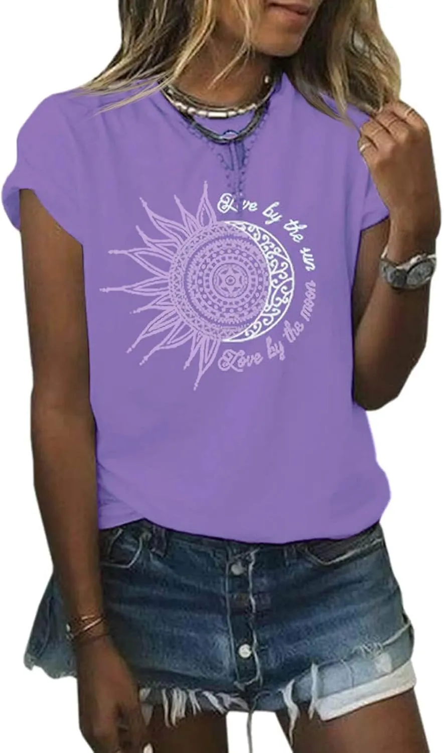 MaQiYa Womens Graphic Tees Summer Vintage Short Sleeve Cotton Moon and Sun Printed T Shirts Tops