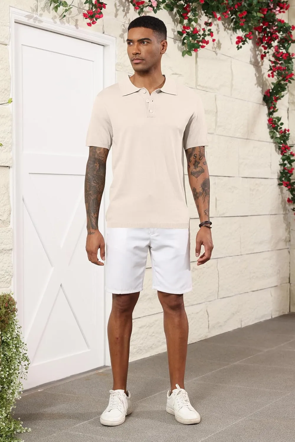Mens Knit Polo Shirts Casual Short Sleeve Classic Basic Button Down Golf Shirts