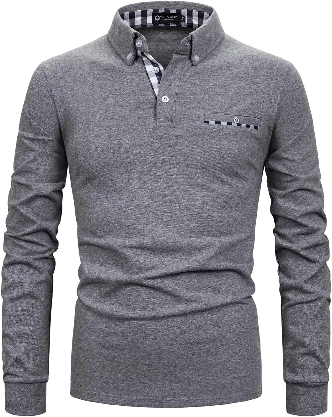 Men's Long Sleeve Polo Shirts Casual Fit Plaid Collar Cotton Golf T-Shirts
