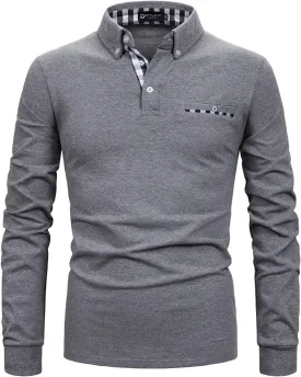 Men's Long Sleeve Polo Shirts Casual Fit Plaid Collar Cotton Golf T-Shirts
