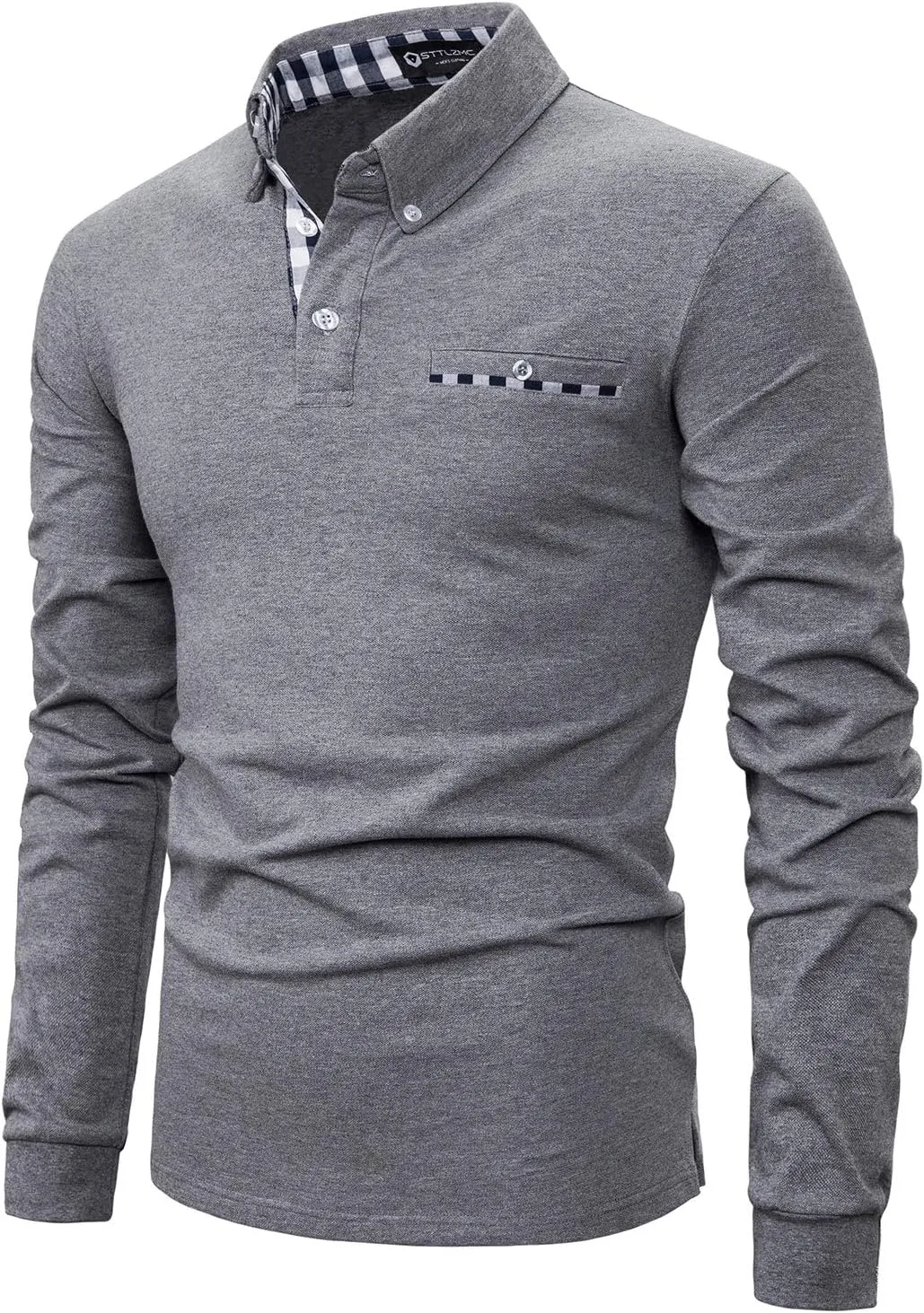 Men's Long Sleeve Polo Shirts Casual Fit Plaid Collar Cotton Golf T-Shirts