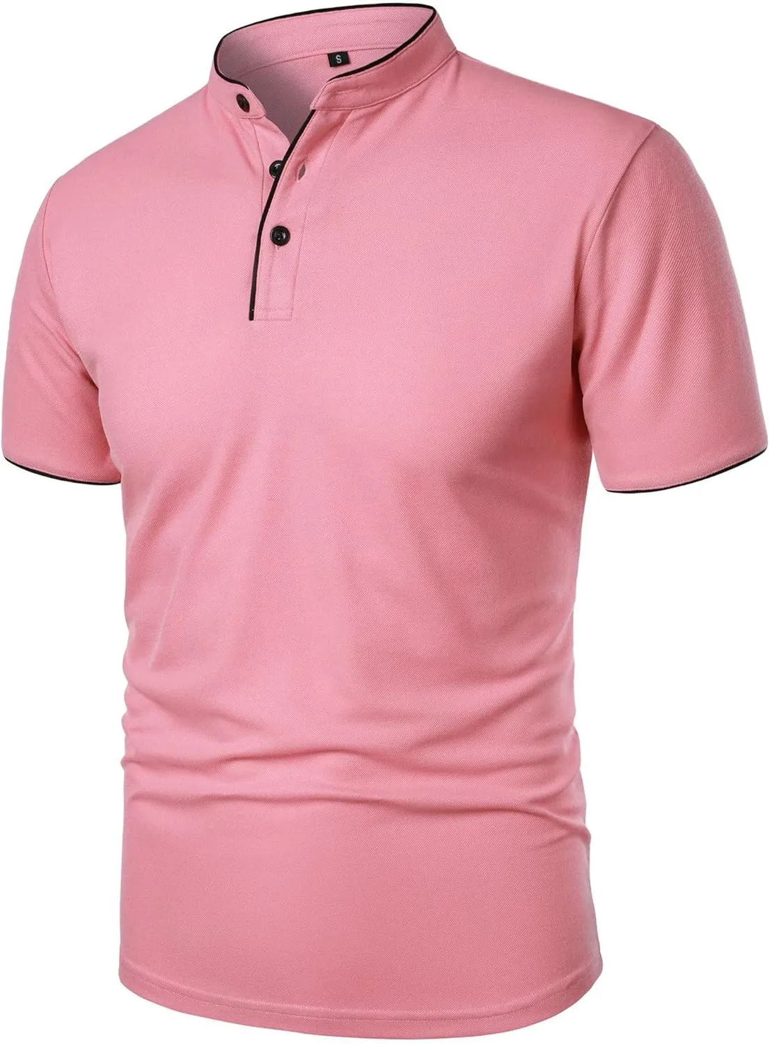 Men's Stand Collar Solid Casual Polo T-Shirts Short Sleeve Slim Fit Summer Tees Button Cotton Athletic Tops