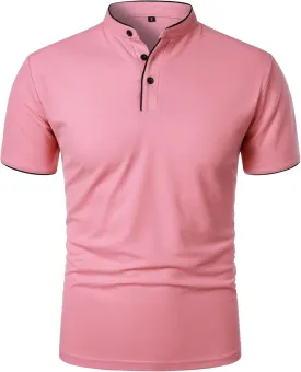 Men's Stand Collar Solid Casual Polo T-Shirts Short Sleeve Slim Fit Summer Tees Button Cotton Athletic Tops