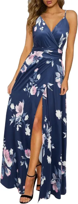 Newshows Women Summer 2025 Maxi Dress Vacation Floral Spaghetti Strap Spring Casual Boho Split Beach Long Flowy Sundress