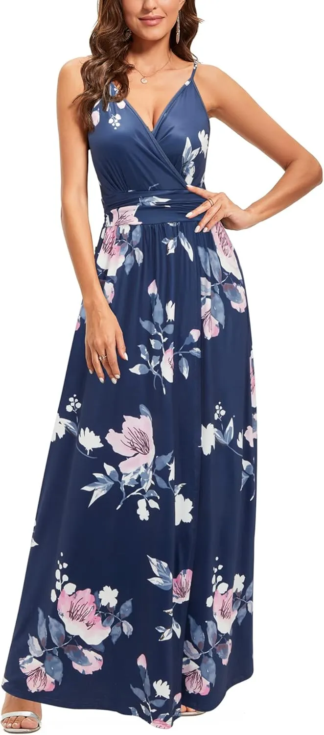 Newshows Women Summer 2025 Maxi Dress Vacation Floral Spaghetti Strap Spring Casual Boho Split Beach Long Flowy Sundress
