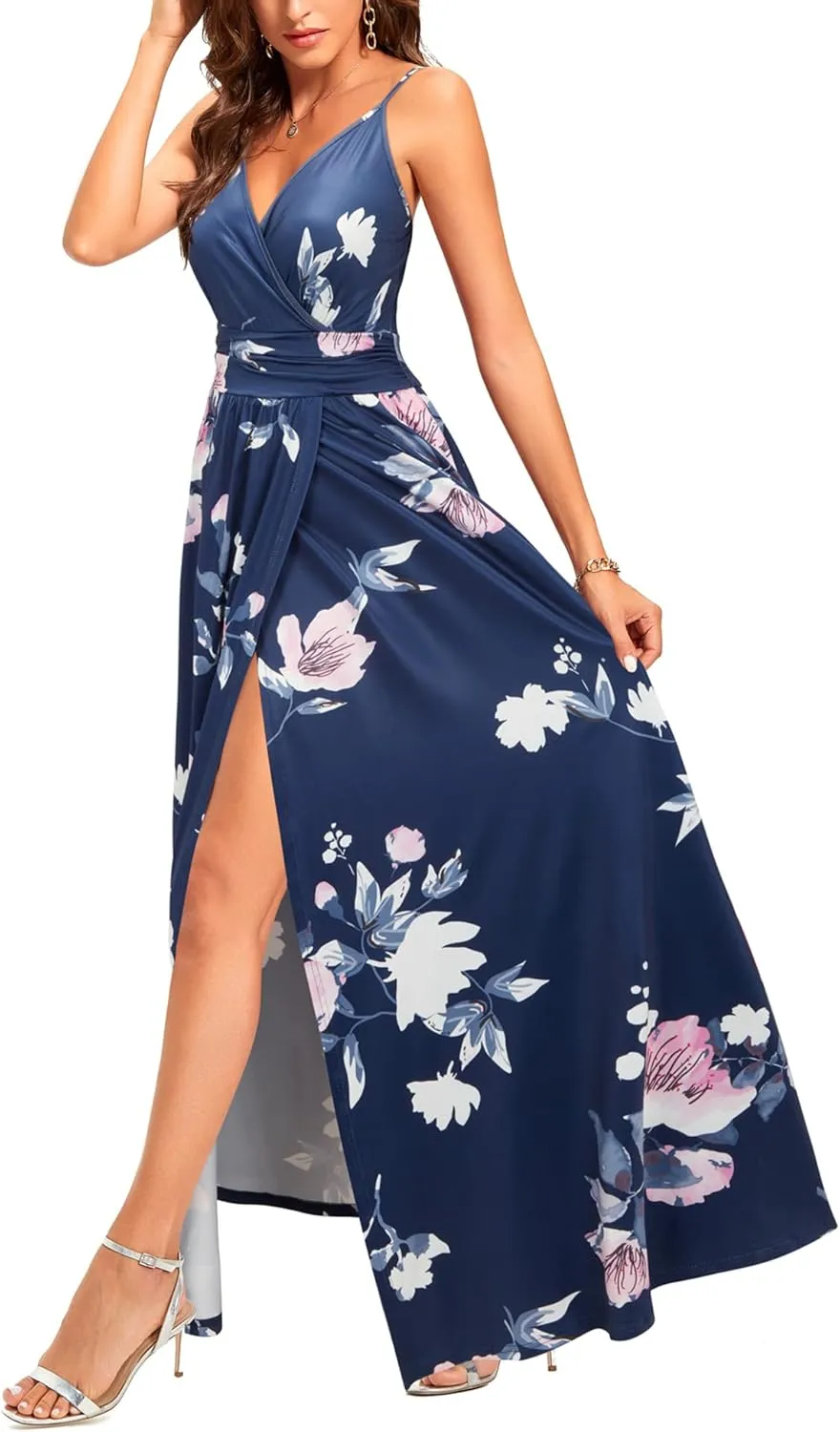 Newshows Women Summer 2025 Maxi Dress Vacation Floral Spaghetti Strap Spring Casual Boho Split Beach Long Flowy Sundress