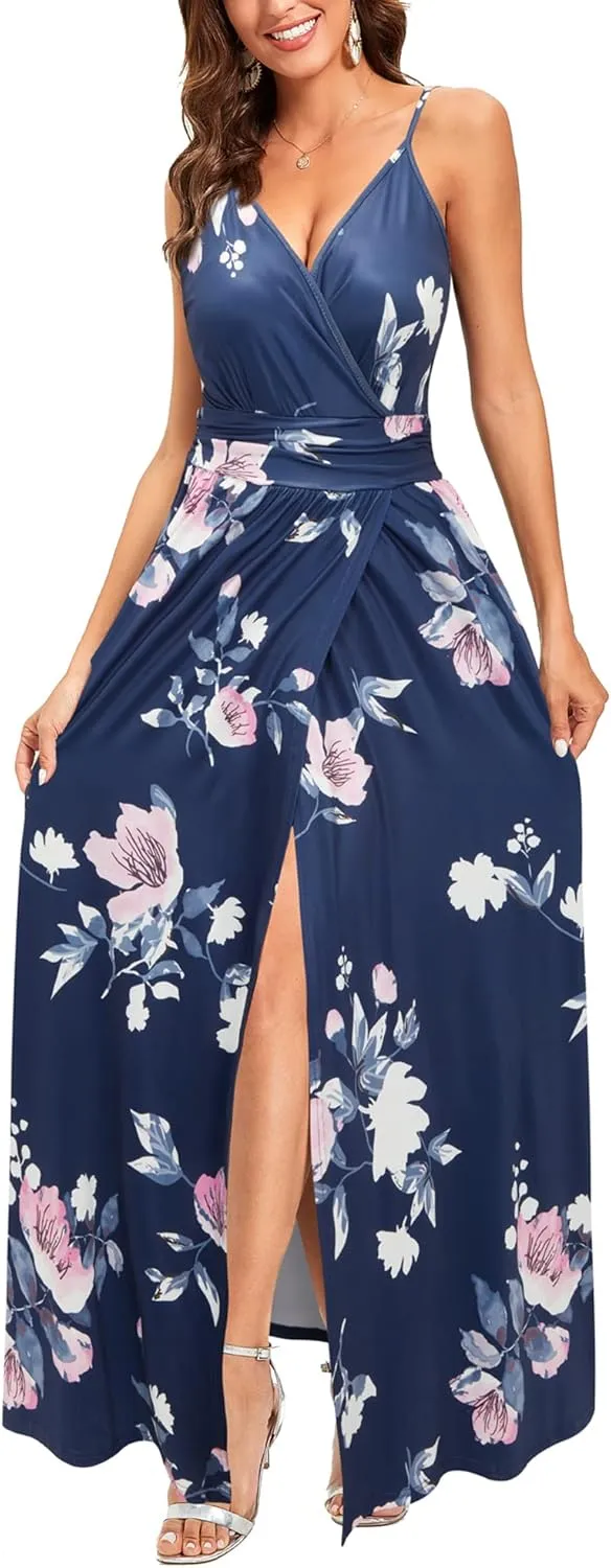 Newshows Women Summer 2025 Maxi Dress Vacation Floral Spaghetti Strap Spring Casual Boho Split Beach Long Flowy Sundress
